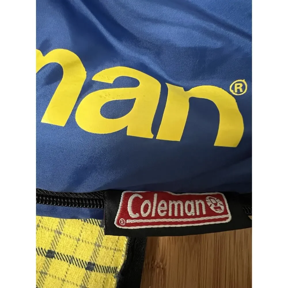 Vintage Coleman Blue Sleeping Bag Heavy Yellow Cotton Flannel Plaid inside 33x75